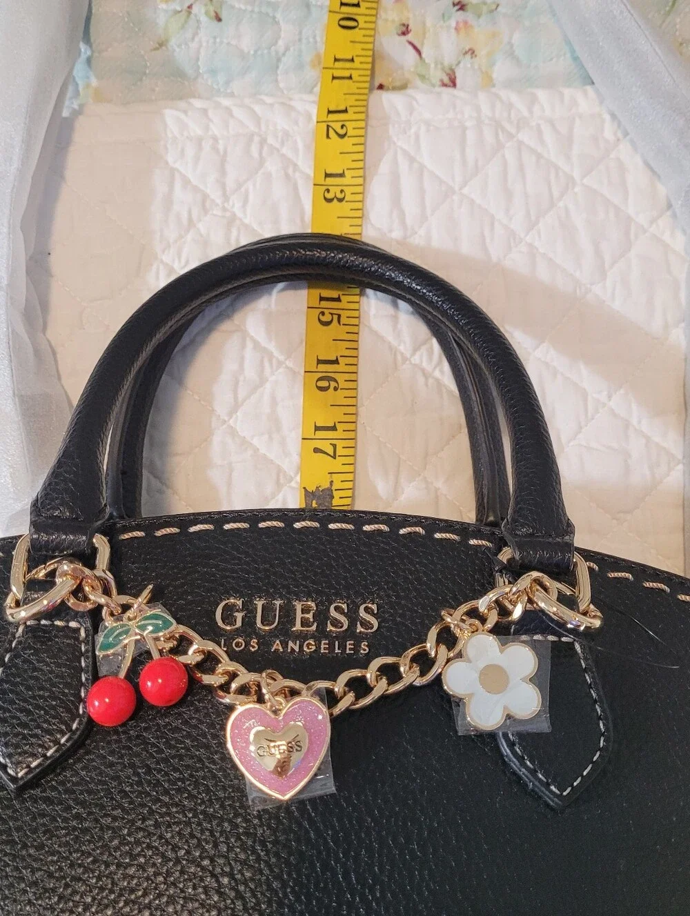 NWT GUESS Davina Charms Black Satchel Handbag with Gold Chain and Charm Accents